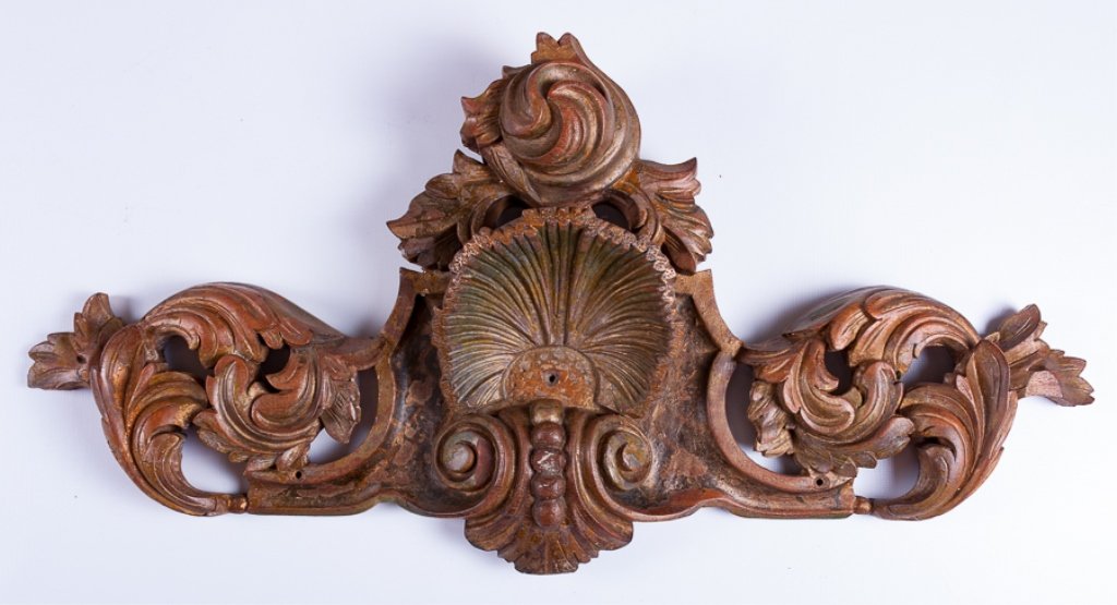 18th C Italian Rococo Architectural Element: 18th Century Italian Rococo architectural element as a decorative pediment wall hanging; measures approximately 12" tall and 25" wide.