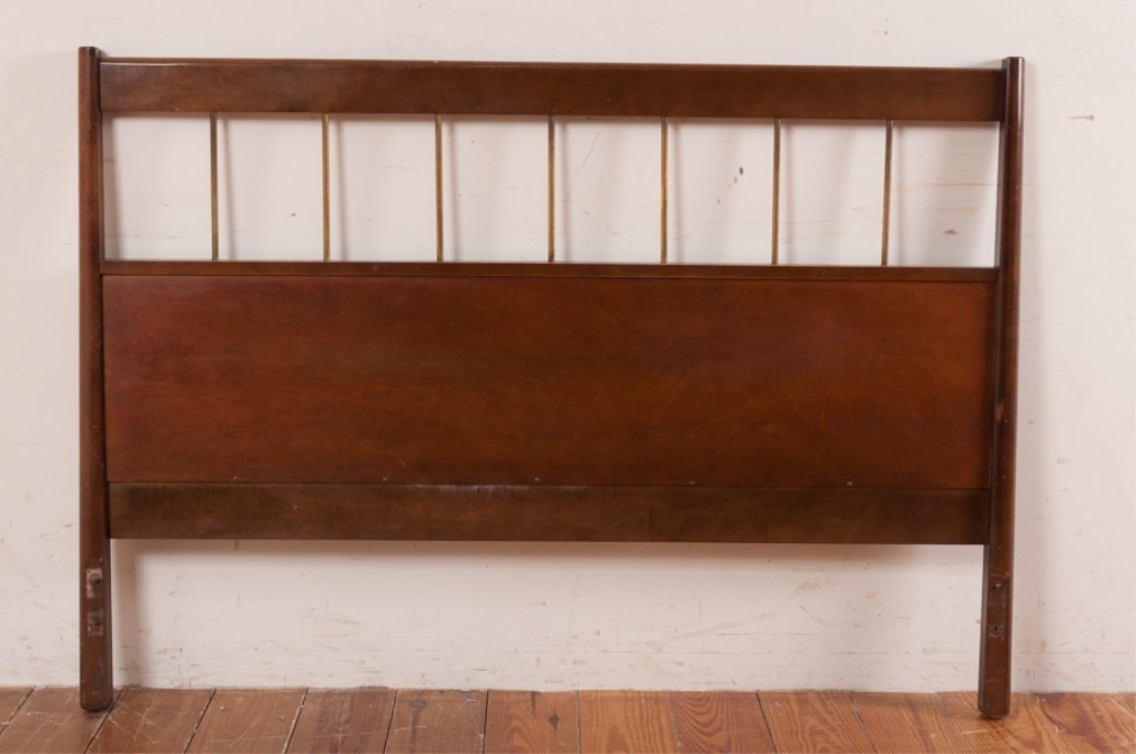 Paul McCobb Design Walnut & Brass Headboard: Paul McCobb design, Planner Group by Winchendon, Mid-Century modern walnut and brass headboard; measures approximately 37-3/4" high and 52-1/2" wide. Marked to back. In Good condition, consistent with