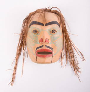 Freda Diesing Tribal Mask, 1979, Alder Wood: Freda Diesing (Canada, 1925 - 2002) decorative tribal mask inscribed to inside "Human face mask made of alder wood By Freda Diesing 1979". Hand carved of alder wood, cedar bark, & hair, & hand painted