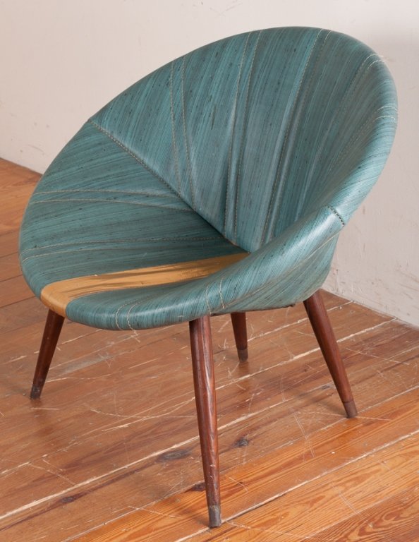 Atomic Age Hoop Chair: Atomic age hoop chair upholstered in distressed teal and having round tapered wood legs; measures approximately 28-1/2" high, 30" wide with a seat depth of 18-3/8" and seat height of 14-1/2". In Good