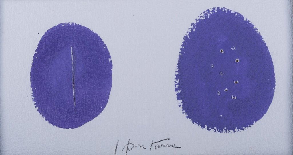 Lucio Fontana Tempera on Paper "Concetto Spaziele": Lucio Fontana (Italian, 1899 - 1968) abstract tempera on hand-made paper, signed to lower middle, framed under glass in painted framed with height of 14-1/8" and width of 21-3/10", having sight image 