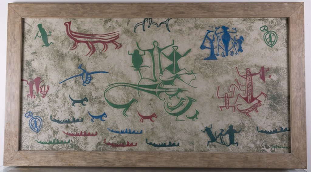 Rex Fairburn Maori Rock Drawings Screenprint: Arthur Rex Dugard "Rex" Fairburn (1904-1957) framed under glass screen print on vintage fabric of Maori Rock drawings; measures approximately 26-1/2" x 47-5/8" with a sight image of approximately 21-1