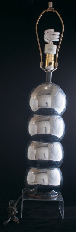 George Kovacs Chrome Stacked Sphere Lamp: Unsigned, George Kovacs stacked sphere modern table lamp; measures approximately 29" high and 5" in diameter at base; appears to be in Good condition, consistent with age and use, but has not been tes