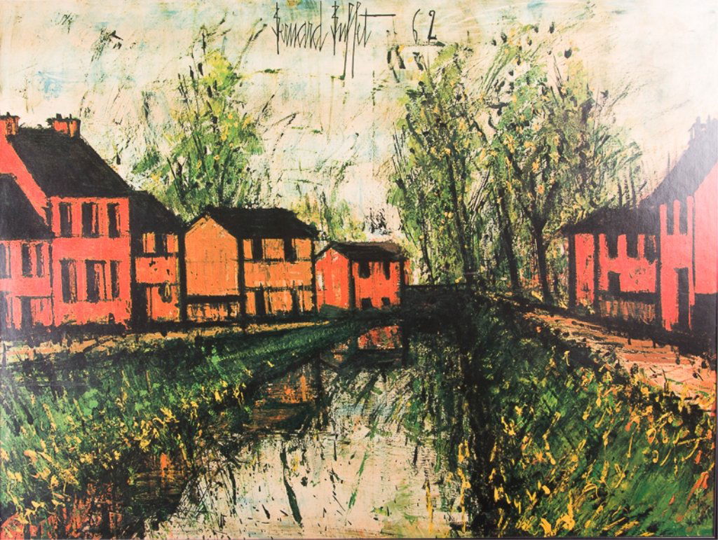 Bernard Buffet "Somme River Lock" Chromolithograph: Labeled to back; measures approximately 29-13/16" x 38-1/8" with a sight image of approximately 25-1/8" x 33-1/2"; purchased in 1964 from the University of Pittsburgh Bookstore.