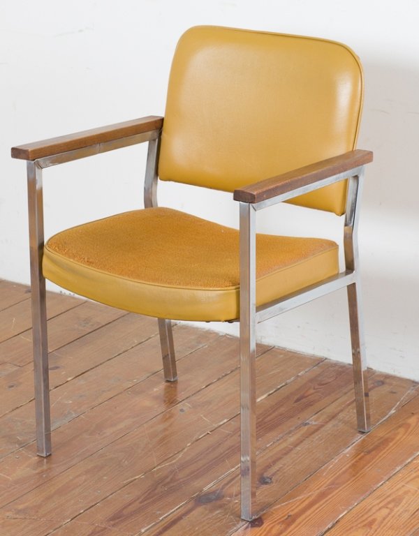 Chairtex Mfg. Ltd Aluminum & Vinyl Armchair: Chairtex Manufacturing Ltd. institutional/ office armchair; gold brown vinyl backrest, woven seat top, and aluminum frame with wood armrests; signed on bottom; measures approximately 32-3/4" tall, and