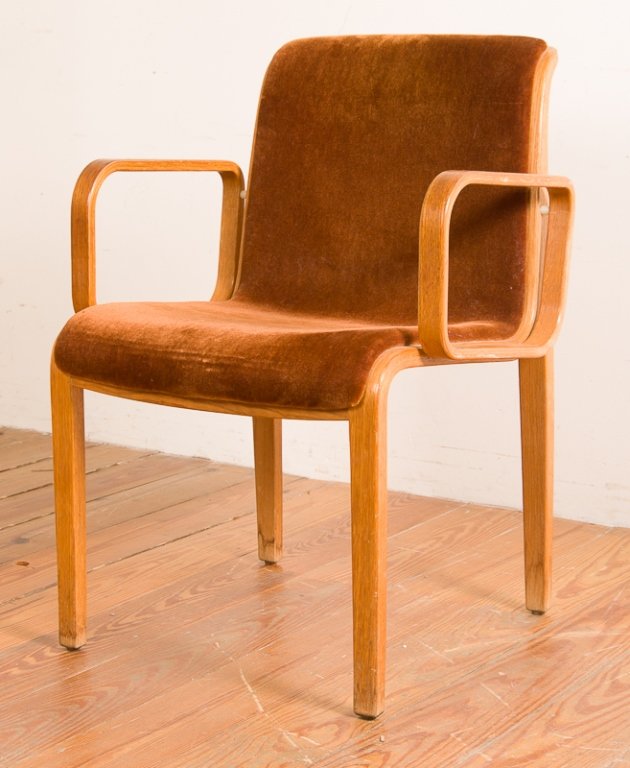 Knoll International Upholstered Armchair: Knoll International armchair with teak frame and brown felt upholstered seat; labeled underneath; measures approximately 31-1/4" tall to top of back, 17-1/2" tall to top of seat, 22-1/4" wide arm to a