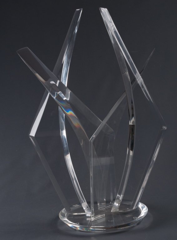 Van Teal Lucite Sculpture, Signed: Van Teal Lucite abstract angled flame table sculpture; measures approximately 24" high and 10" in diameter to the base. Signed to base. In Good condition, consistent with age.