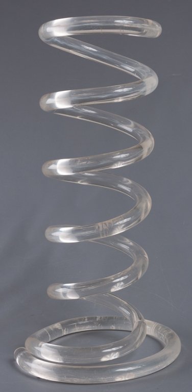 Dorothy Thorpe Style Lucite Umbrella Stand: Dorothy Thorpe style umbrella stand, sculptural art features a piece of acrylic spun into a spring shape; measures approximately 23" tall and 10-3/4" to the base. Unmarked. In Good condition, consiste