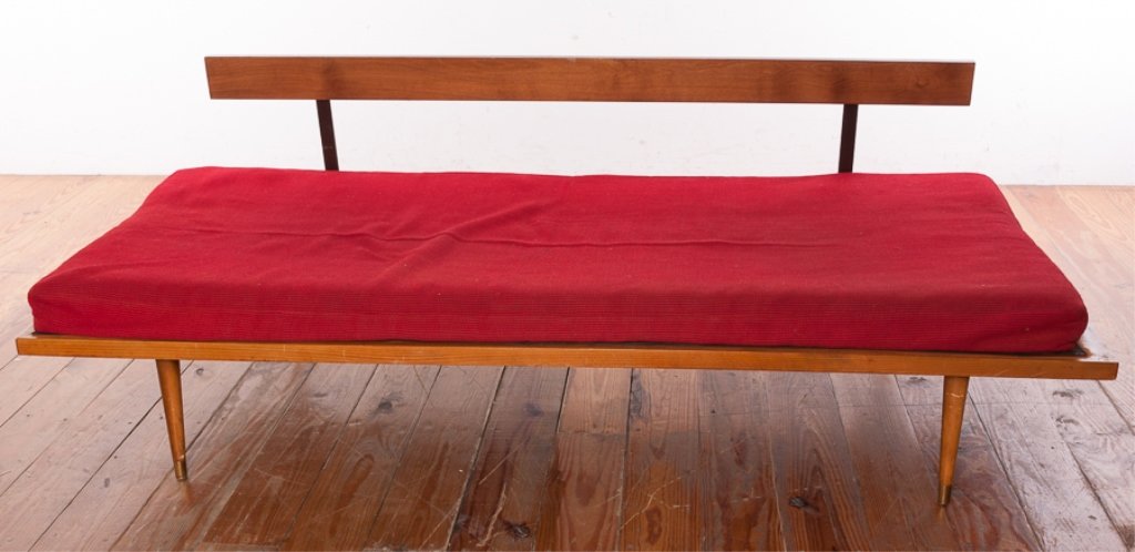 Danish Daybed Sofa Circa 1960s: Mid-Century modern daybed sofa having a wood frame, wood horizontal back rest and upholstered bench style cushion all on splayed legs; measures approximately 25-1/2" high, 74" wide, total depth of 29-