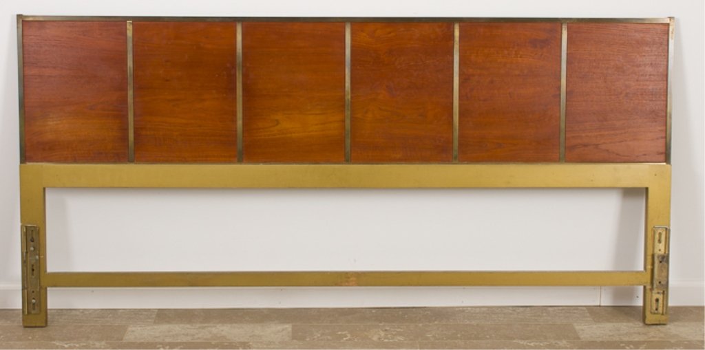 Brutalist Style King Size Headboard: Brutalist style king size headboard with brass colored frame and wood inserts; measures approximately 37-1/4" high and 78"wide.