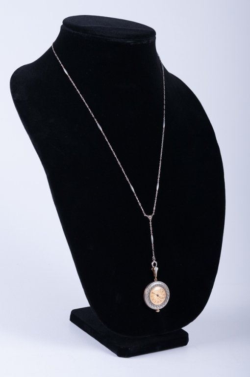 Longines 14K Guilloche Enamel Pendant Watch: Longines white & yellow gold (bail & chain have tested 14k) pendant watch with guilloche gray/blue enameling, with a relief of a Classical Greek figure within a framework of tiny diamonds. Matching gu