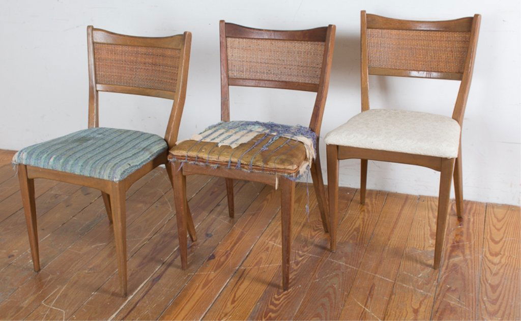 John Stuart Side Chairs, Set of Three (3): Three (3) John Stuart side chairs with woven back rests and mixed upholstery to seats; placard to underside of front stretcher; each measures approximately 32-3/4" high, 18-1/2" wide, with a seat dept