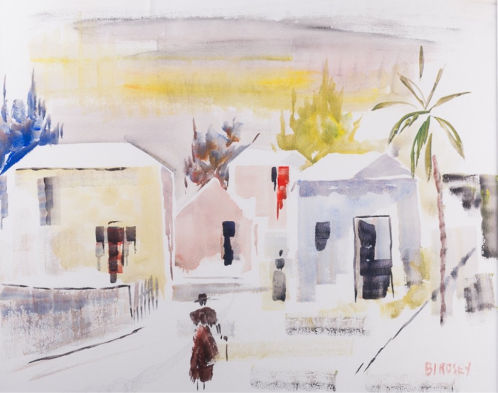 Alfred Birdsey Bermuda Street Scene Watercolor: Alfred Birdsey (Bermudian, 1912-1996) watercolor on paper, matted and framed; signed "Birdsey" to lower right, measures approximately 22-1/4" x 26-7/8" with a sight image of approximately 16-7/8" x 21