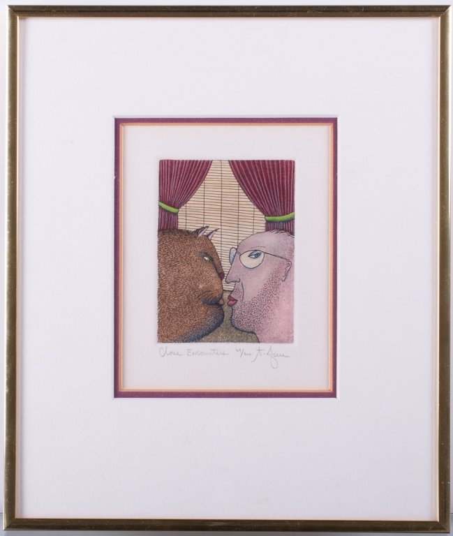 Anthony Green "Close Encounters" #69/300 Litho: Anthony Green (England, B. September 30, 1939) lithograph, titled "Close Encounters", numbered "69/300", & signed "A. Green" to bottom; double matted and framed under glass; measures approximately 11-