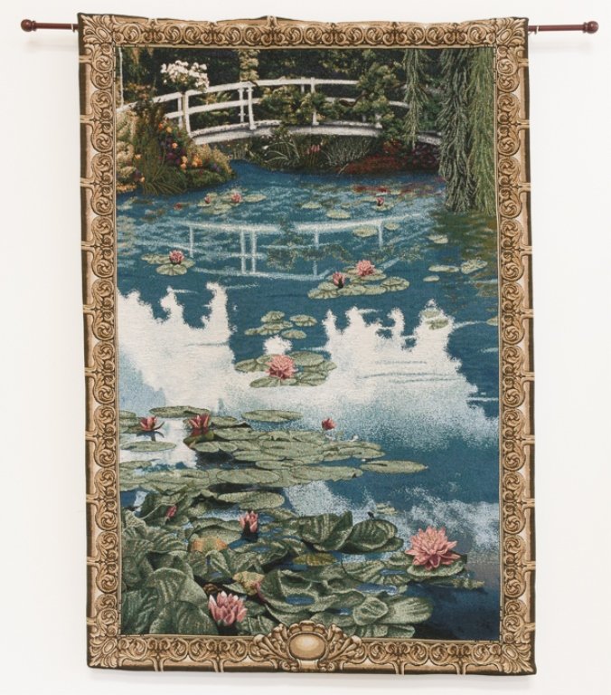 Machine Woven Water Lilies Tapestry: Machine woven tapestry inspired from a Monet painting, mounted for hanging; measures approximately 56" x 38".