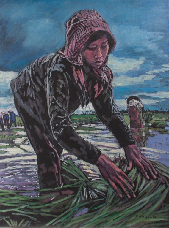 Evelyn Metzger Cambodian Portrait Oil on Panel: Evelyn Metzger (American, 1911-2007) oil on panel; signed to lower right and dated '95; depicting Cambodians gathering rice. An autobiographical book that accompanies the painting is "The Age of Grand