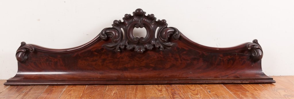 Burled Walnut Cornice, Pediment Element: Reclaimed ornate burled walnut carved architectural cornice/pediment/crest , ready to be repurposed; measures approximately 21-3/4" high, 77-3/4" wide and 3-7/8" in depth. In Good condition, consisten