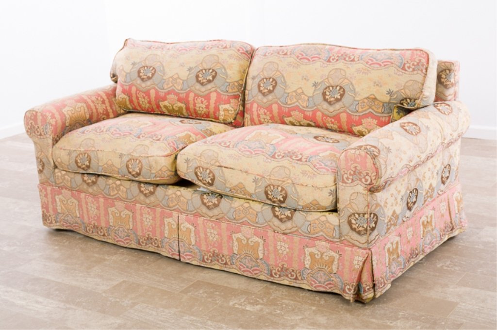 Carlyle Down-Filled Sofa, Tapestry Upholstery: Carlyle Custom Convertibles Ltd. of New York couch with 75% Grey Duck Feathers and 25% Grey Duck Down filling; measures approximately 31-1/4" high, 74" wide, total depth of 36-1/2" with a seat depth o