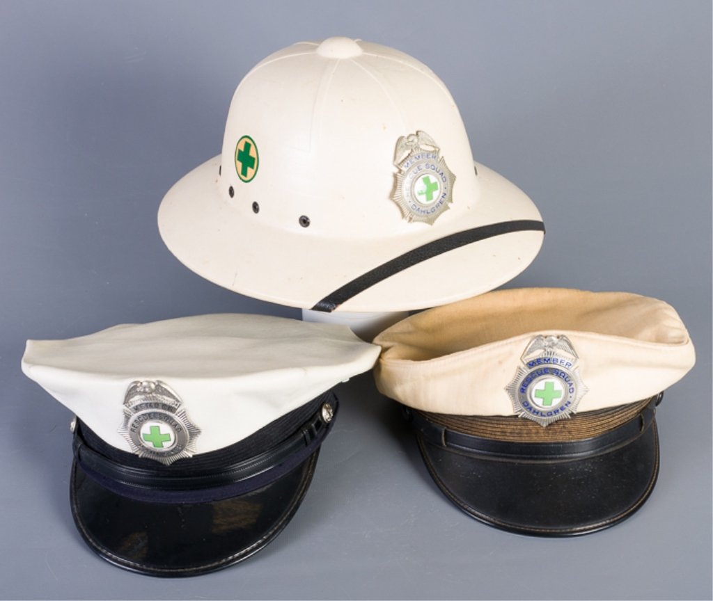 Vintage Dahlgren, VA Rescue Squad Uniform Hat Trio: Three service organizational hats with badges from the Dahlgren VA. rescue squad, including two caps, one size 7-1/8, one size 7. Also includes a Hawley Trooper hard hat, makers marked to inside.