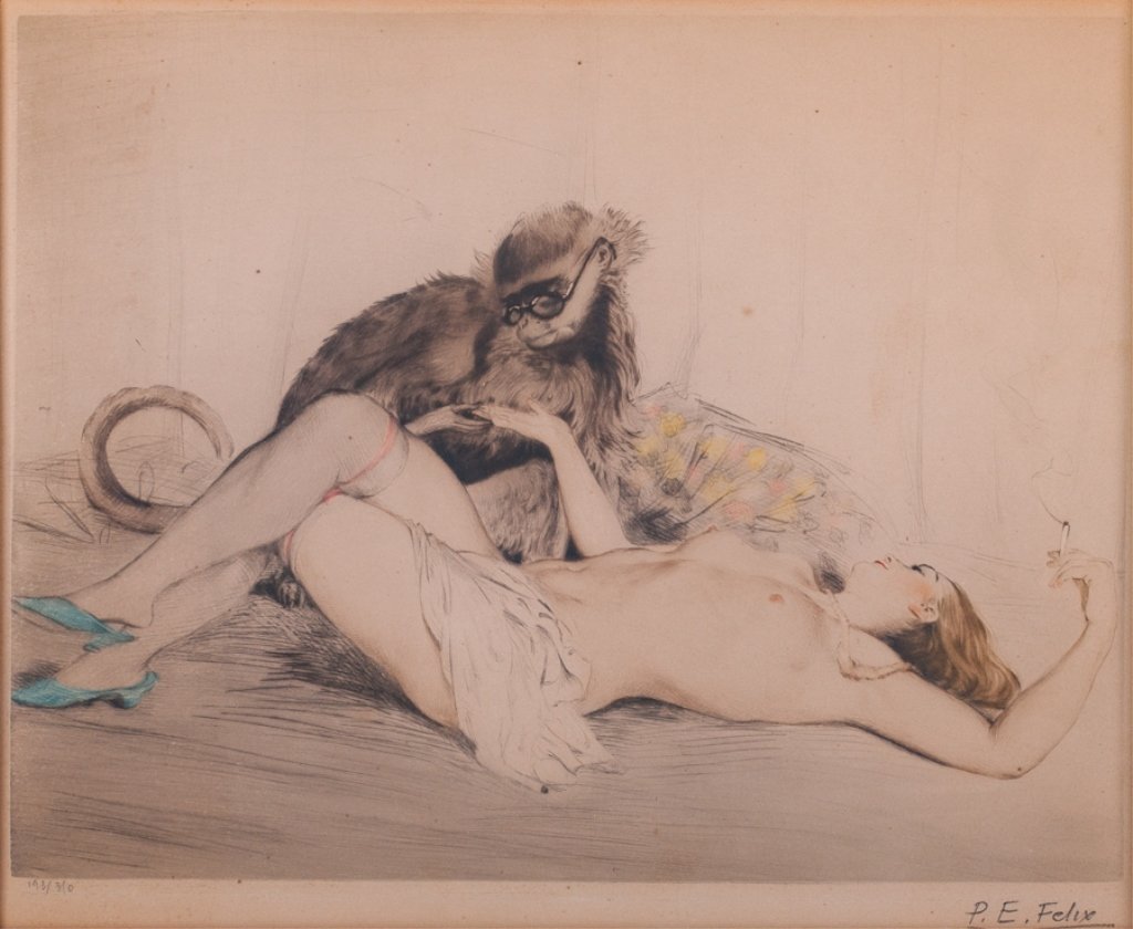 P. E. Felix Art Deco Boudoir Aquatint: This is an untitled boudoir print from the French artist Paul Emile Felix, framed and double matted under glass depicting a monkey wearing glasses and reading a beautiful woman's palm. Pencil signed l