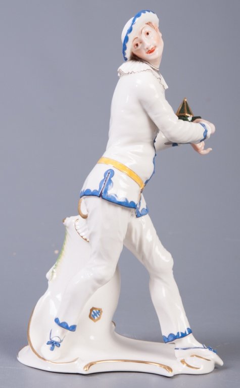 Nymphenburg Pierrot Figure: Franz Anton Bustelli (1723-1763): Pierrot, Commedia dell´arte, painted and glazed porcelain figure; measures approximately 7-7/8" high. Marked with a 5, 54 and the Roman numeral II (2) to the bottom