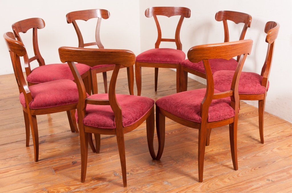 Biedermeier Style Rosewood Dining Chairs Set: Beautiful hand-crafted set of eight (8) solid rosewood, Biedermeier style dining side chairs with upholstered seats; measure approximately 35-1/2" high, 18-1/2" wide with a seat depth of 16" and seat 