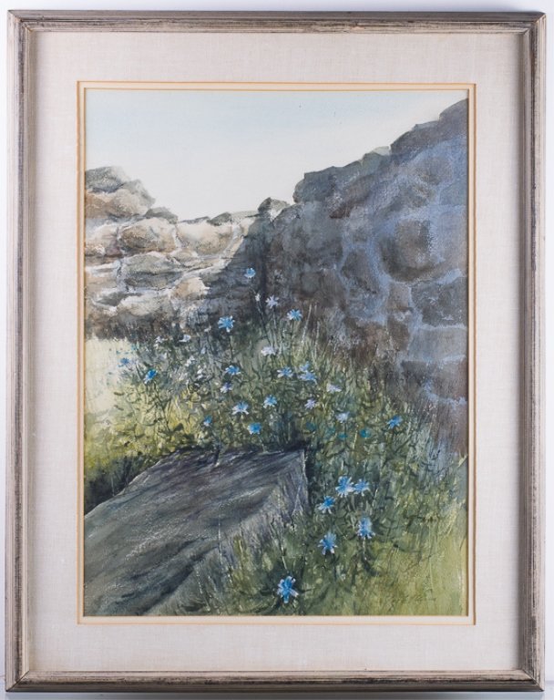 Ray Ellis "Chickory" Landscape Watercolor, Framed: Ray Ellis (American, 1921 - 2013) watercolor landscape featuring the chickory plant signed lower right "Ray D. Ellis A.W. S.". Double matted & framed under glass, with a framed height of 36" with widt