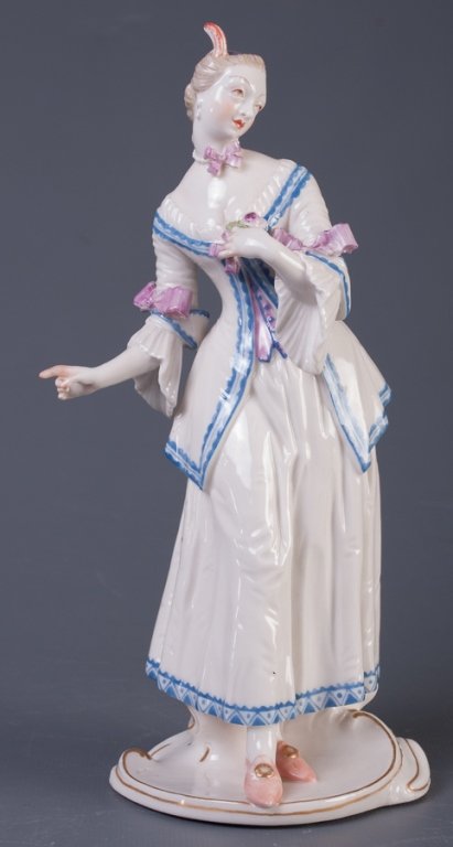 Nymphenburg Lucinda Figure: Franz Anton Bustelli (1723-1763): Lucinda, Commedia dell´arte, unpainted porcelain figure; measures approximately 7-7/8" high. Impressed markers stamp to top and bottom of base.