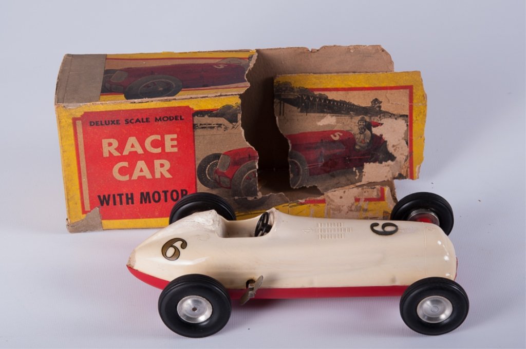 Rite Spot Plastic Rex Mays Model Race Car: Vintage Rite Spot Plastic Products of Glendale, California, deluxe scale open wheel wind up race car designed as a copy of an Indy 500 race car driven by Rex Mays; measures approximately 2-1/4" high, 