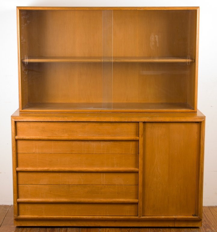 Robsjohn-Gibbings Widdicomb Combination Hutch: Widdicomb bleached mahogany combination hutch with sliding glass doors to top housing one shelf, three drawers to bottom left and a cabinet to bottom right housing one shelf; top left drawer features 