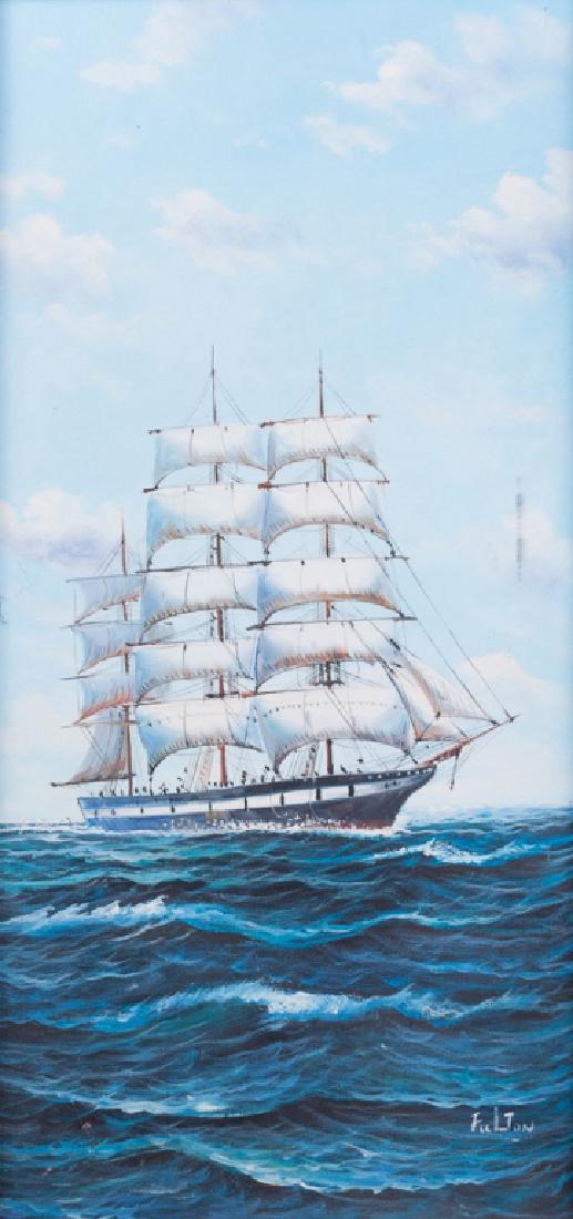 Fulton Ship at Sea Oil on Canvas: Framed in a blue wood frame and signed "Fulton" to lower right, with framed height of 29-1/2" with width of 17-5/8". Has sight image height of 23-9/16" and width of 11-5/8". In overall good condition.