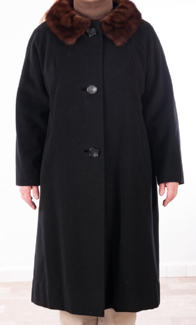 Vintage Cashmere & Mink Collar Swing Coat: Gorgeous vintage cashmere coat in black, with mink collar, circa 1950s, with original Miller & Rhodes label as well as the original "100% Cashmere" label. Has three (3) 1-1/4" diameter circular button