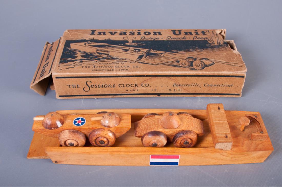 Sessions Clock Co. "Invasion Unit" Wood Toy: Vintage, rare wood toy manufactured by The Sessions Clock Co. of Forestville, Conn. "Invasion Unit" includes a barge, quack and a peep. In original worn box; measures approximately 8-3/4" long.