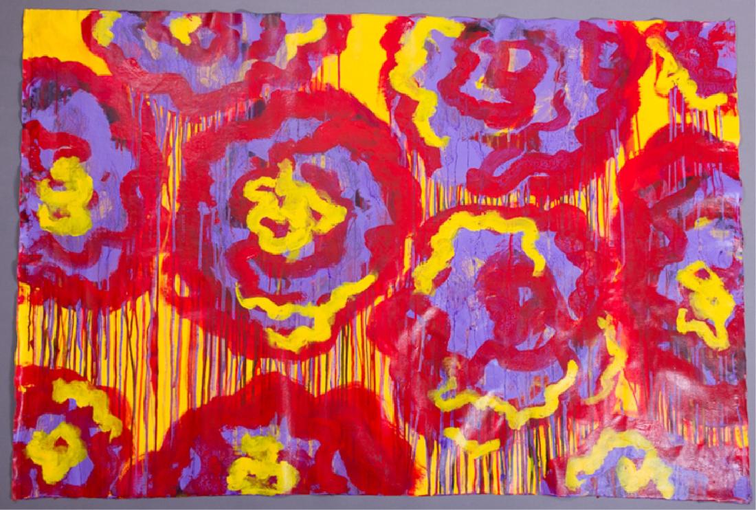 Cy Twombly Mixed Media Abstract On Canvas: Edwin Parker "Cy" Twombly, Jr. (April 25, 1928-July 5, 2011) mixed media abstract composition in red, yellow, & purple hues on unframed & previously stretched canvas (see photographs), measuring appro