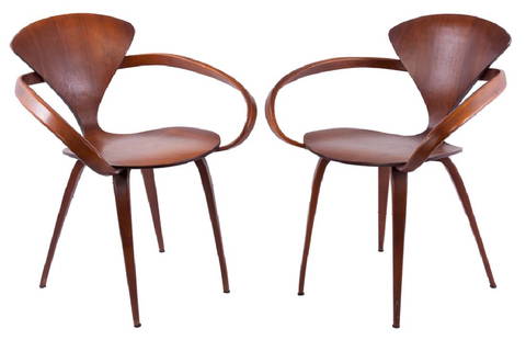 Bernardo Plycraft "Pretzel" Walnut Armchairs Pair: Two walnut pretzel armchairs designed by "Bernardo" and manufactured by Plycraft, Inc., Lawrence Mass; measures approximately 31-1/2" high, 25-1/2" wide with a seat depth of 17" and seat height of 17-