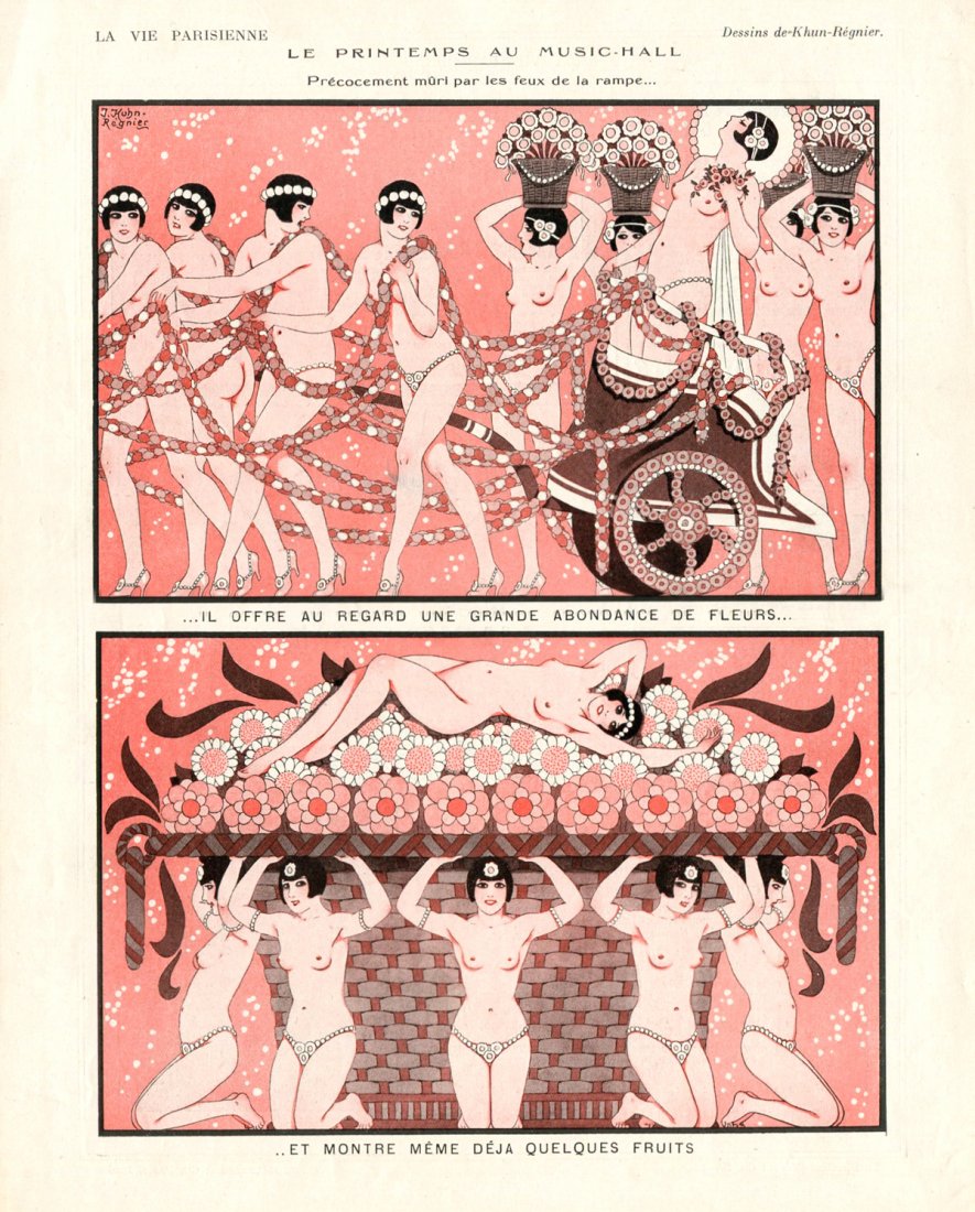 J. Kuhn-Regnier La Vie Parisienne - Nudes: A page from a 1926 issue of La Vie Parisienne, featuring 2 panels of classic nude illustration by famous Deco artist Joseph Kuhn-Regnier. This is the original page from 1926 not a reproduction