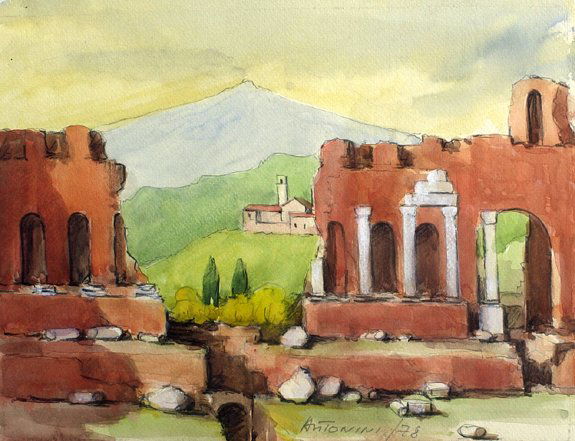 Antonini (Unknown) - European Ruins: Sleeved 20th Century Watercolor on Paper - Nicely Painted European Ruins, Pencil Signed: Antonini (Unknown) - Dated 1978 - Measures: 10 in x 12.5 in