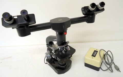 Medical Microscope: rare dual-view medical microscope by Wild with mechanical slide-stage & illuminator - 18"x18" assembled, but easily separated into main components, a fine instrument