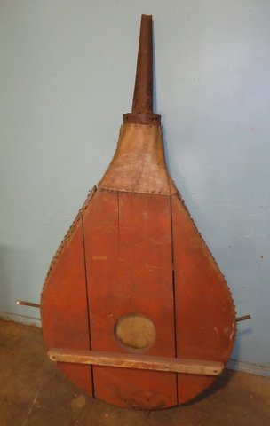 Large Early Bellows: Early wood and leather bellows 71"x45"x10" A very large bellows for either large forge or melting furnace. In okay condition for use as a table.