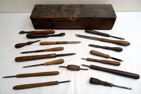 Large Lot of Early Wood Turning Tools: large lot of early wood-turning tools in box - 24"x7"x5"