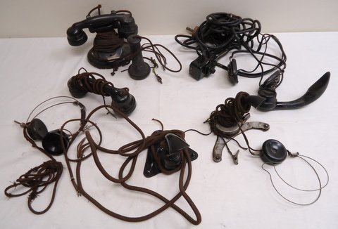 Lot of Early Phones & Headphones: lot of assorted early microphones, handsets & chestsets, early telephone