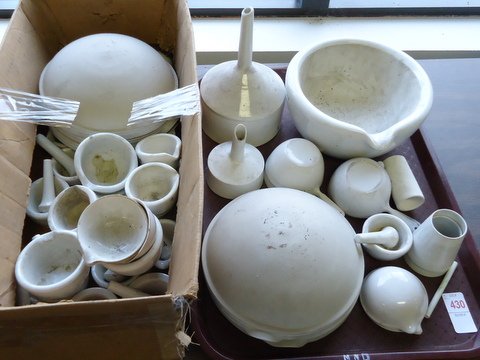 2 Lots of Laboratory Porcelain: 2 lots laboratory porcelain, mostly Coors. Mortars, casseroles, evaporating dishes, buchner funnels. The large evaporating dishes made in Germany are particularly nice.