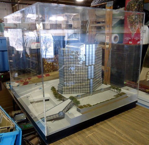 Detailed Architect's Model in Case: detailed architect's model of 1960s office building in plexiglass case - 28.5"x28.5"x26.5", very attractive NOTE: Case is cracked - see picture