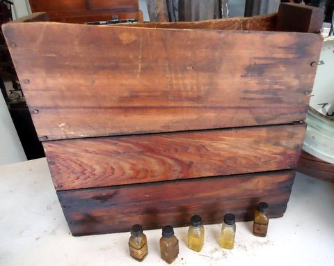 Box of Watch Oil: wood box with 100+ small bottles of watch oil "geom extra fine imported" (French) - 16"x15"x5"