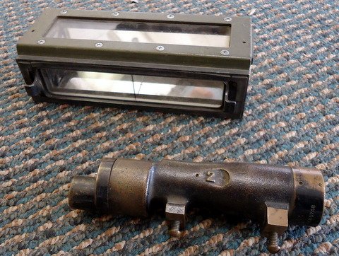 2 Military Sights: WWII US Army rifle scope and one prism unit from tank periscope - 7"x2.5"x2.5", both like new