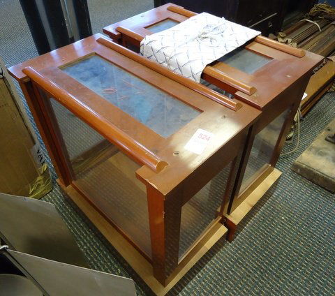2 Display Cases: 2 wood and glass cases for lab balances each with a separate 1-drawer mahogany finished base. Never used. Each is 18.5"x18"x9.25". These are fine cases and would be ideal for display in a collection