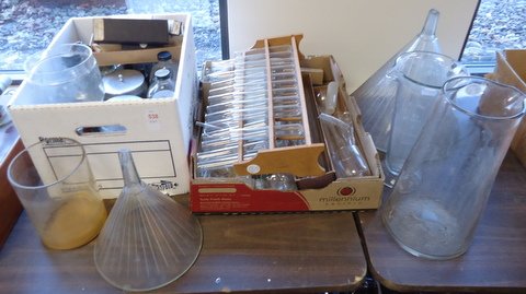 Large Lot of Laboratory Glassware: Large lot of assorted laboratory glass including bottles, pipettes, test tubes, adapters, large funnels, medical glassware, etc. Contains hundreds of pieces.