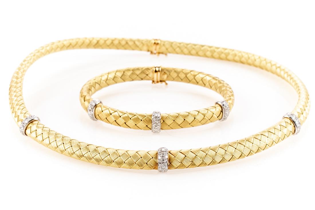18K Gold, Diamond Necklace & Bracelet, By Roberto Coin: Stunning 18K yellow gold woven silk matching necklace and bracelet by Roberto Coin with tab closure and safety. Diamonds: 1.0 TCW - three white gold stations set with brilliant cut pave set diamonds w