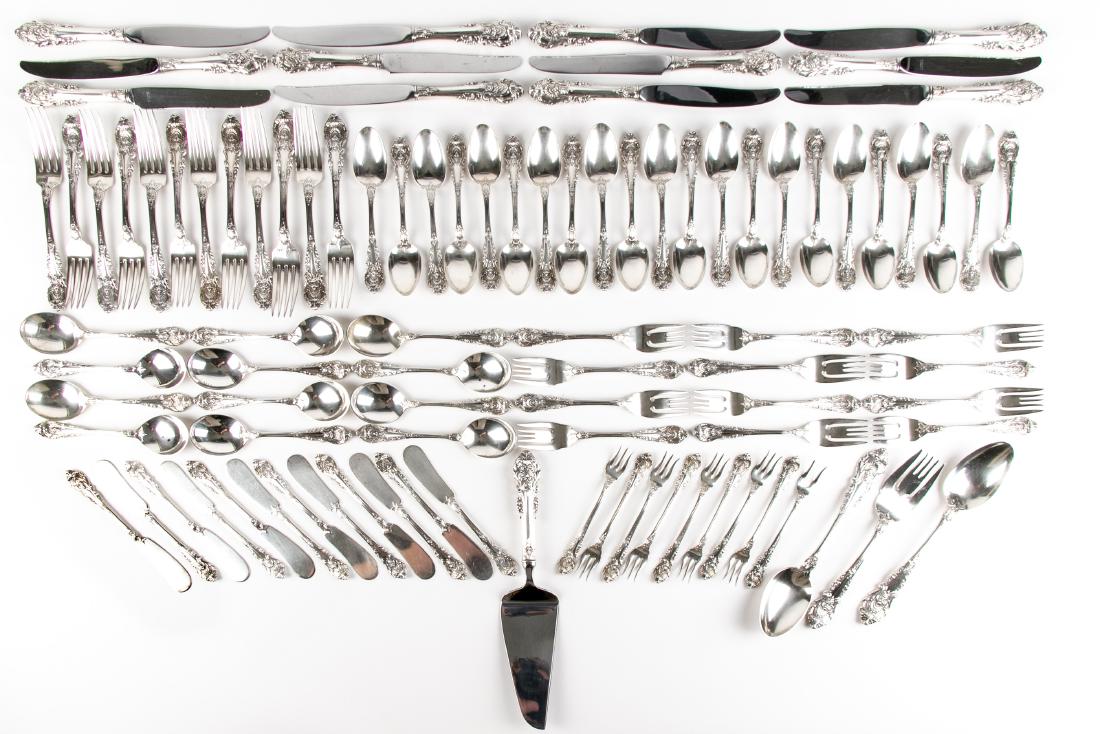 Wallace "Sir Christopher" Sterling Silver Flatware Set: A sterling silver flatware set by R. Wallace & Sons Mfg. Co. of Wallingford, Connecticut (established 1871). This ninety-seven piece set features the Sir Christopher pattern, designed by William S. Wa