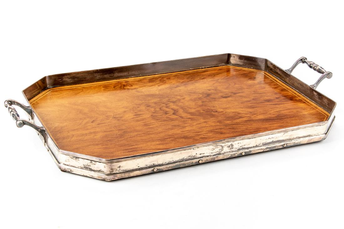 Tiffany & Co. Georgian Style Serving Tray: Tiffany & Co. Georgian style serving tray. Octagonal form. Mahogany tray with satinwood inlay border. Sterling silver gallery and flared handles. Brown felt bottom. Marked on silver: TIFFANY & Co./221